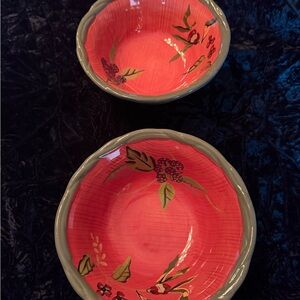 Handpainted Ceramic Bowls - Coral Interior with Sage Rim (Set of 2)